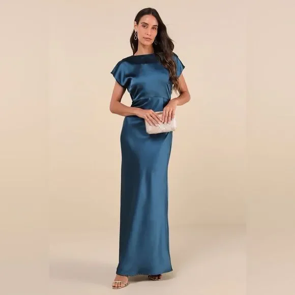 Lulus Captivating Presence Dark Teal Satin Cowl Back Maxi Dress Size Small NEW - Picture 7 of 12